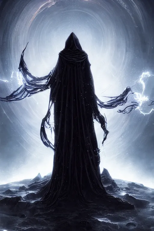 Image similar to a full body portrait of a mysterious goddess with a very long hooded cloak made of stars and clouds, by maciej kuciara and jason chan, ominous, cosmic horror, trending on artstation, ultra detailed, hyper realistic 4 k, volumetric light