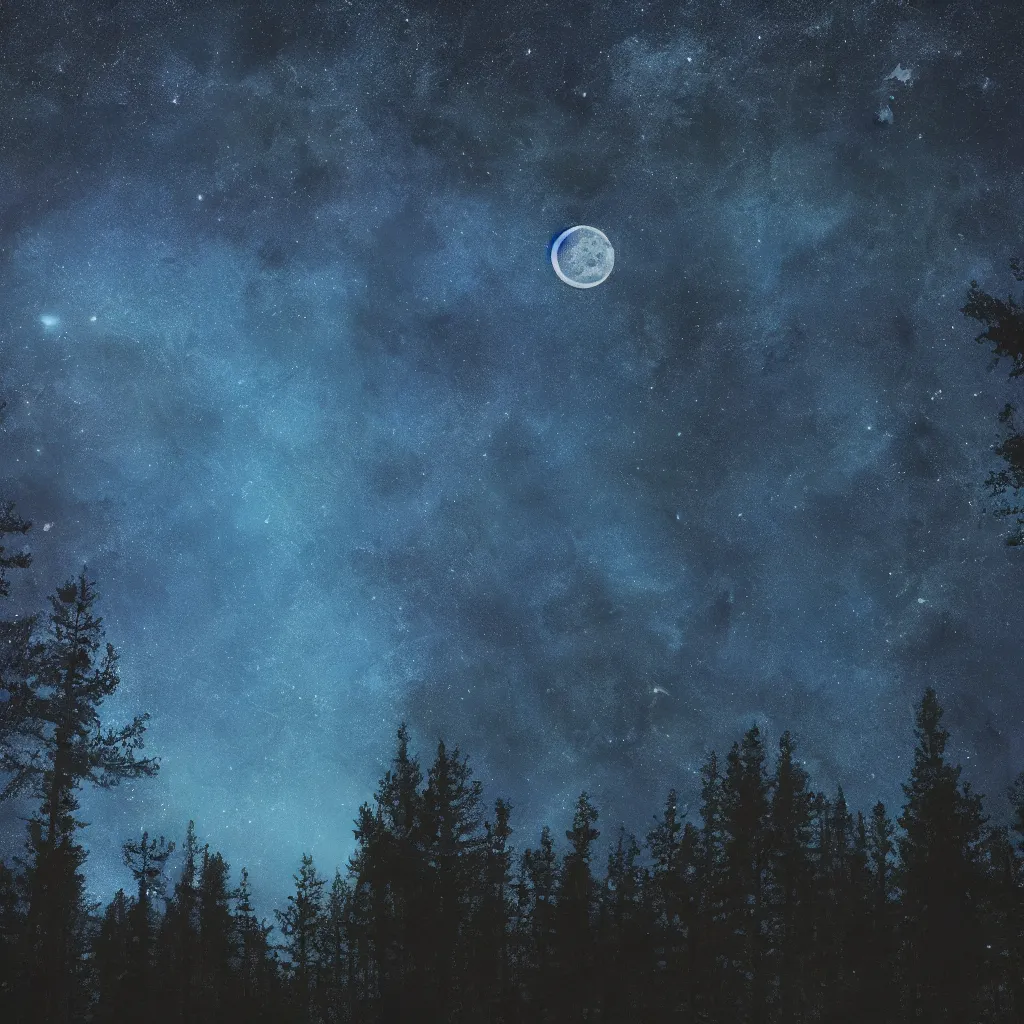 Prompt: night forest, stars, moon, blue light, 8 k, realistic