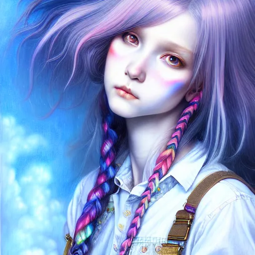 Image similar to a portrait of girl with rainbow hair white shirt, denim shorts, an ultrafine detailed painting by ayami kojima, cgsociety, fantasy, anime digital art, lovecraftian, cosmic horror, detailed painting