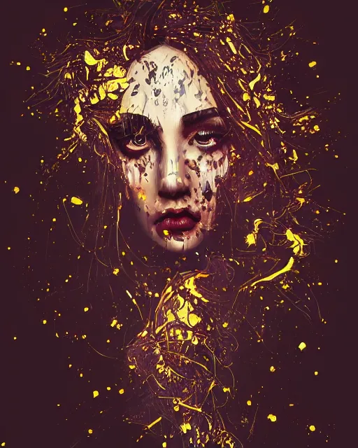 Prompt: Geometric smoke portrait, dramatic lighting, artstation, by artgerm and tony sart, black gold floral ink stylized beauty splatter art