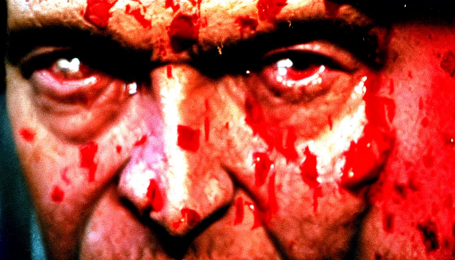 Prompt: 1 9 6 0 s movie still close - up of marcus atilius regulus'face with blood in the eyes down the eyes, cinestill 8 0 0 t 3 5 mm, high quality, heavy grain, high detail, texture, dramatic light
