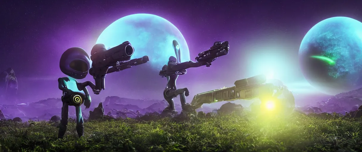 Prompt: grey alien with large black eyes holding an energy rifle on an alien planet with purple soil, green sky, blue and yellow fauna, alien creatures in the background, 3d render, Unreal Engine, octane render, ray tracing, Unity, highly detailed, high quality, HD, 4k, 8k, realistic, sharp, trending - H 768