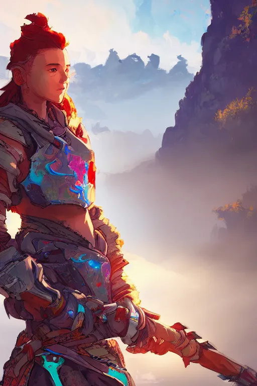 Image similar to combination suit armor aloy horizon forbidden west horizon zero dawn radiating a glowing aura global illumination ray tracing hdr fanart arstation by ian pesty and alena aenami artworks in 4 k tribal robot ninja mask helmet backpack