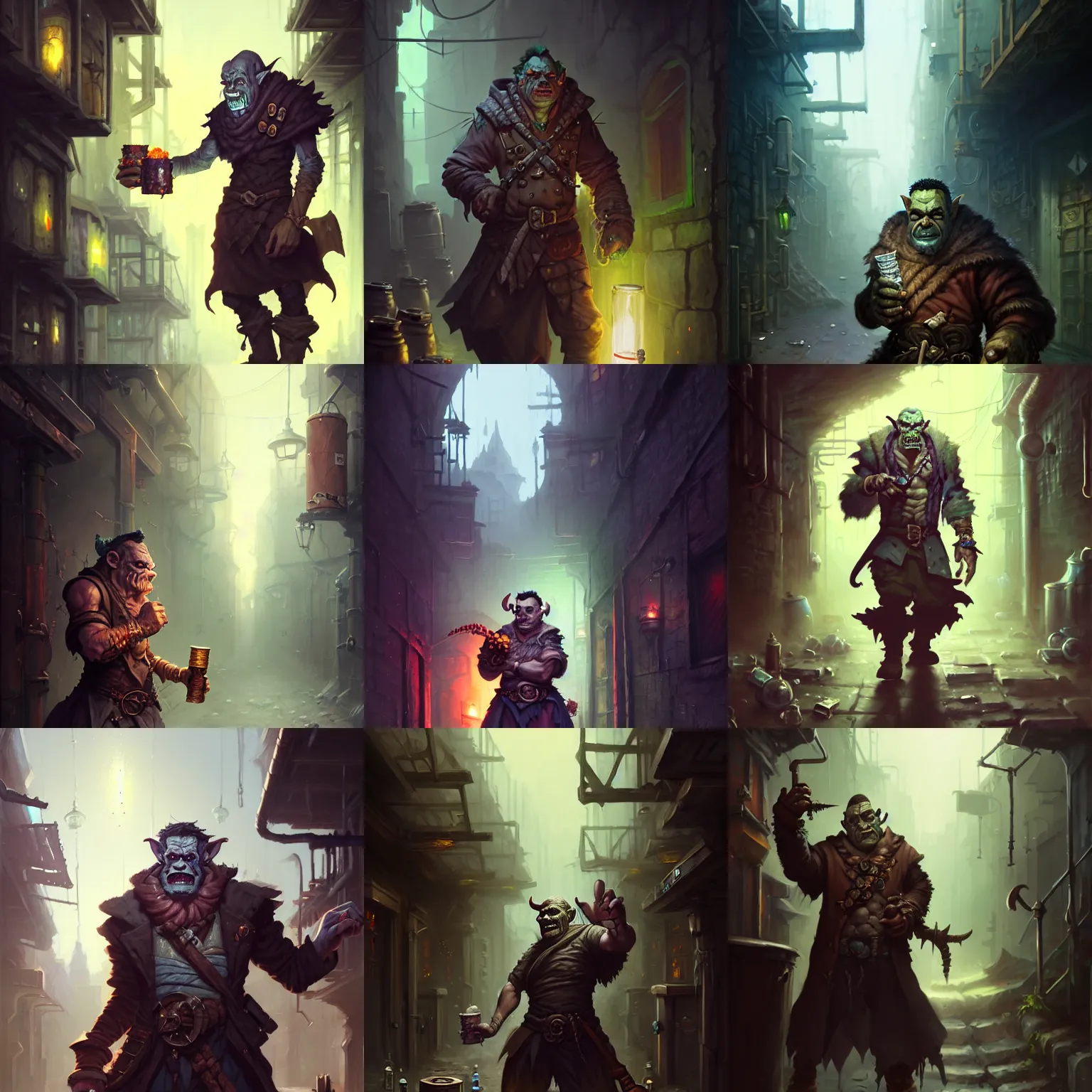 Prompt: detailed portrait of half - orc alchemist holding smoking vials standing in grimy city alleyway, by greg rutkowski, peter mohrbacher, johannes voss, tyler jacobson, magic the gathering, fantasy, d & d, artstation