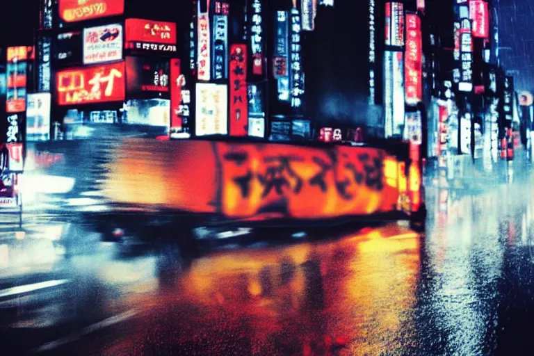 Image similar to a single semi truck, dekotora, speeding down tokyo highway in the rain, night time, neon lights, thunderstorm, movie still from the film bladerunner