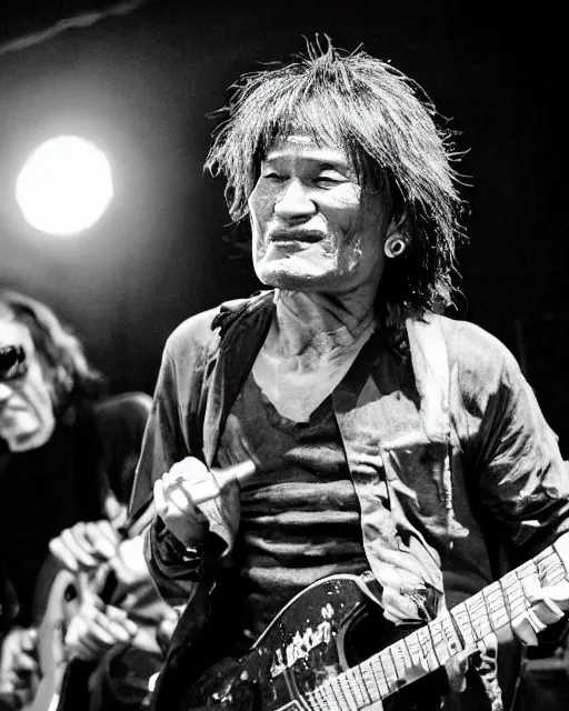 Image similar to sixty years old viktor tsoi with guitar in his hands, photo, microphone, rock concert, black and white, iso 6 0 0, 3 5 mm, codac gold