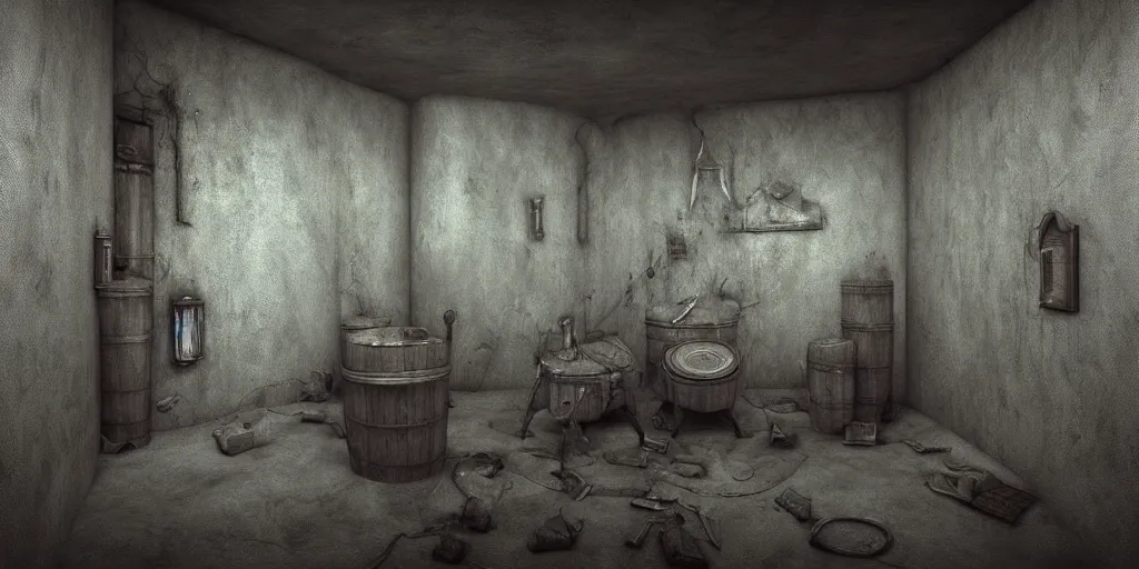 Image similar to echo chamber room, dark art fantasy, 3d render, super detailed, puddle of water, barrels, foggy