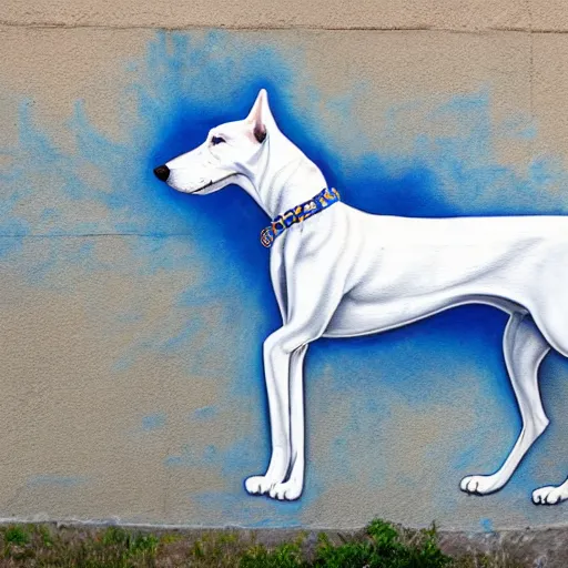 Image similar to grafitti mural of a white greyhound wearing a blue wizard hat and blue robes