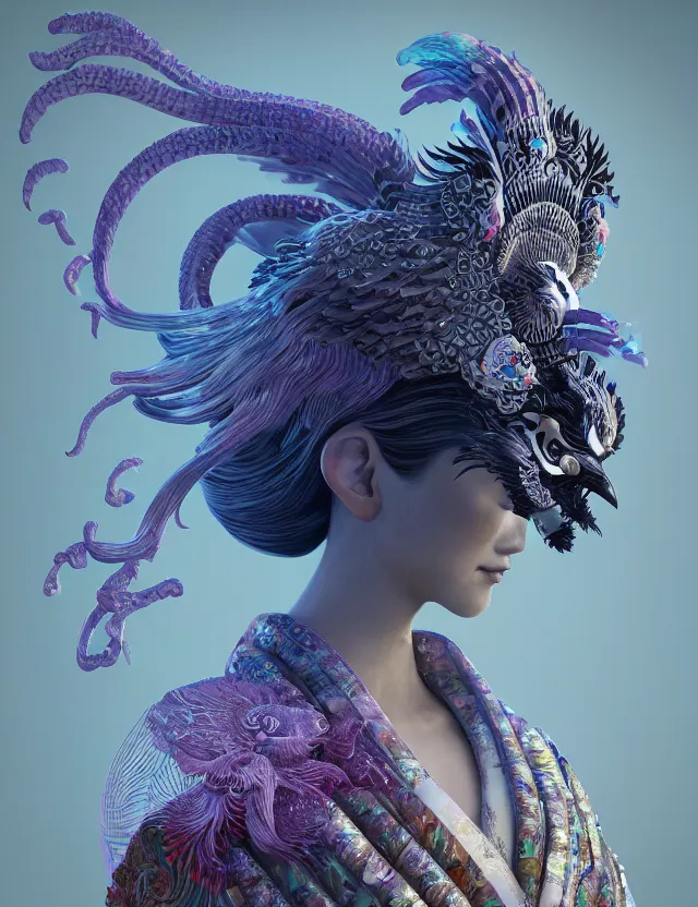 Image similar to 3 d goddess in robe close - up profile portrait with ram skull. beautiful intricately detailed japanese crow kitsune mask and clasical japanese kimono. betta fish, jellyfish phoenix, bio luminescent, plasma, ice, water, wind, creature, artwork by tooth wu and wlop and beeple and greg rutkowski