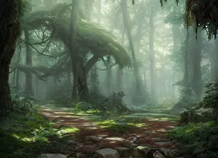 Prompt: A beautiful pathway in a forest, lush trees, flying fairies, a fantasy digital painting by Greg Rutkowski and James Gurney, trending on Artstation, highly detailed