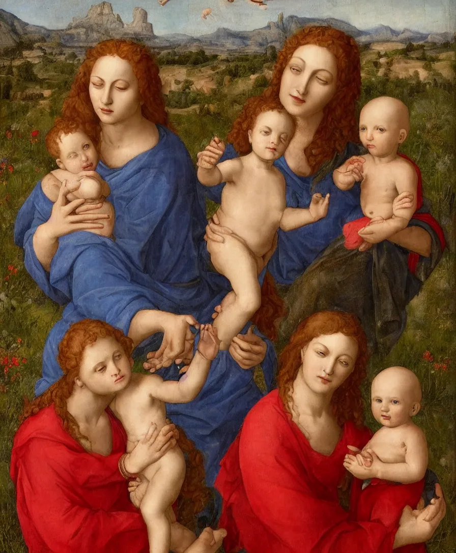 Prompt: Detailed Portrait of Madonna, curly red hair red shirt blue cloth, with infant Jesus, bald, holding a thin cross and arguing with another boy in front of Madonna in the style of Raffael. They are sitting in a dried out meadow near Florence, red poppy in the field. On the horizon, there is a blue lake with a town and blue mountains. Flat perspective.