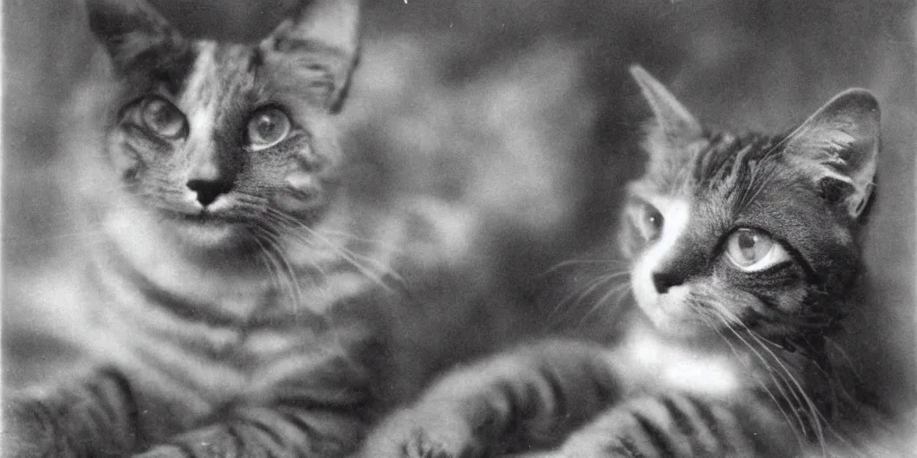 Image similar to very old black and white photo from 1898, film grain, a very surprised cat with large eyes looks into your soul