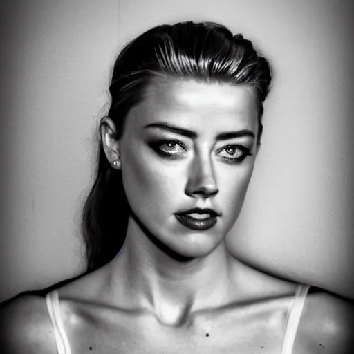 Prompt: amber heard mugshot holding plate in prison, nose piercings, lip piercings, eye piercings,'no regrets'tattood on forehead, ultra realistic, 8 k, canon 3 5 mm portrait photography