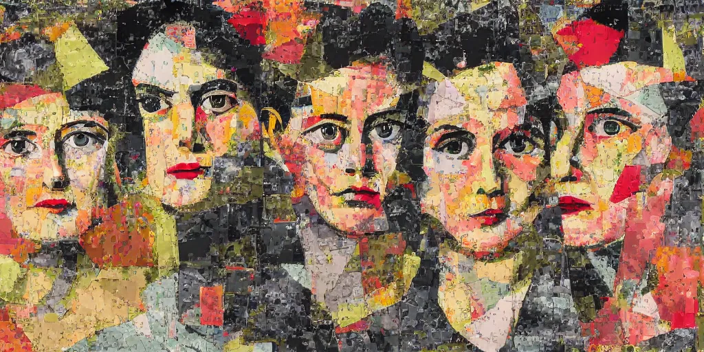 Prompt: portrait of three women, paper collage, mimmo rotella.