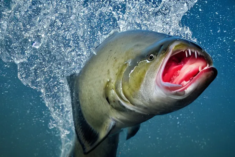 Image similar to a close - up photograph of a salmon with it's mouth open jumping out of the water. national geographic, fast shutter speed, 5 0 mm