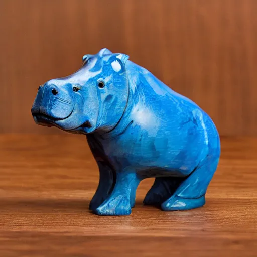 Image similar to a small hippo statue carved from natural wood and polished blue resin, half and half, mixed media, side view