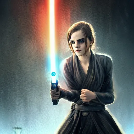 Image similar to emma watson holding a lightsaber, by wlop, trending on artstation, concept art, illustration, intricate, ornate, 8 k, highly detailed