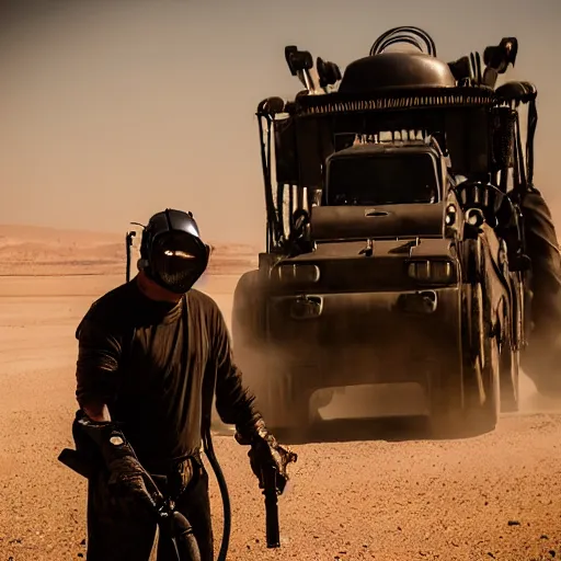 Image similar to a man wearing heavy equipment and a welding mask, in the desert, action movie, Mad Max inspired, film still, arriflex 35