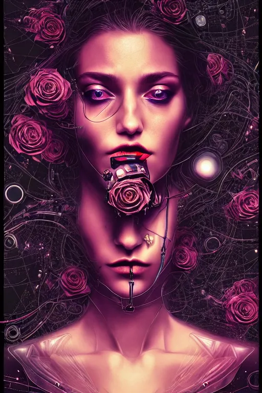 Image similar to dreamy cyberpunk space princess smelling a rose, abstract black leather, digital nodes, beautiful woman, detailed acrylic, grunge, intricate complexity, by dan mumford and by lee jeffries, peter lindbergh