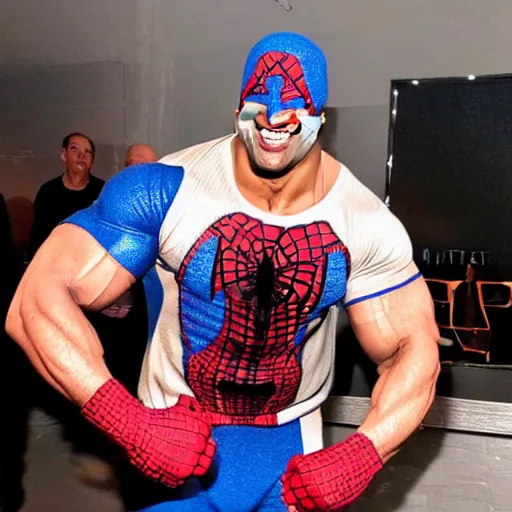 Image similar to dwayne johnson promo on ring wearing spiderman costumes