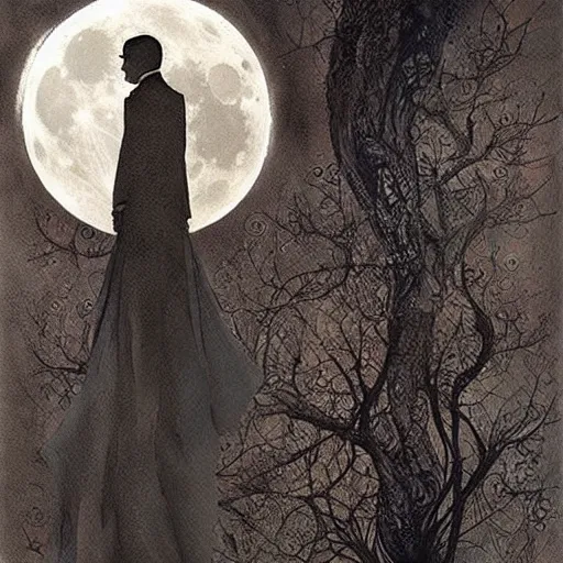 Image similar to looking at the full moon, transparent soul leaving the body, intricate details, brushstrokes, art by loish, dave mckean