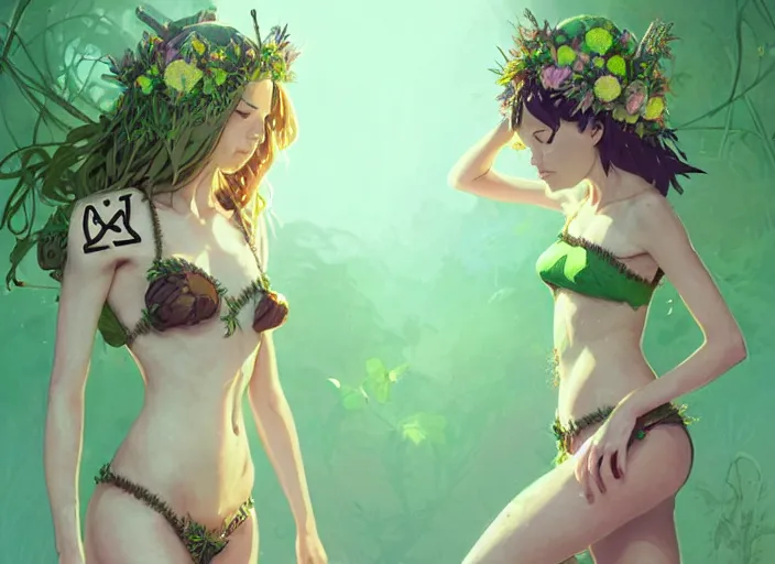 Image similar to two cute fairy girls with crown of flowers in plants bikini covered with celtic rune tattoos, fantasy, by atey ghailan, by greg rutkowski, by greg tocchini, by james gilleard, by joe gb fenton, by in kaethe butcher, dynamic lighting, gradient light green, brown, blonde cream and white color in scheme, grunge aesthetic