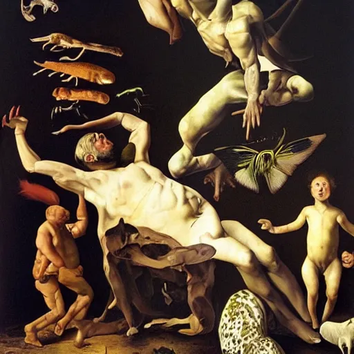 Prompt: the 6 th mass extinction and the consequent human suffering, oil painting by caravaggio and dali, ultra detailed