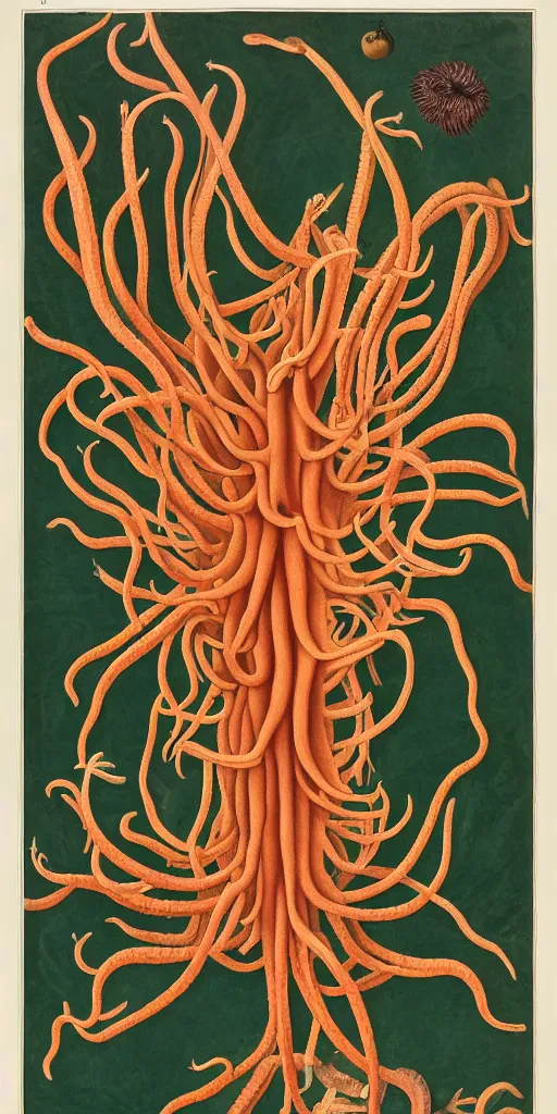 Prompt: A super-detailed poster of emaciated deep-sea anemone by Maria Sibylla Merian, photorealism, Color Palette is Dark Orange , Dark Green, Dark Sienna and White