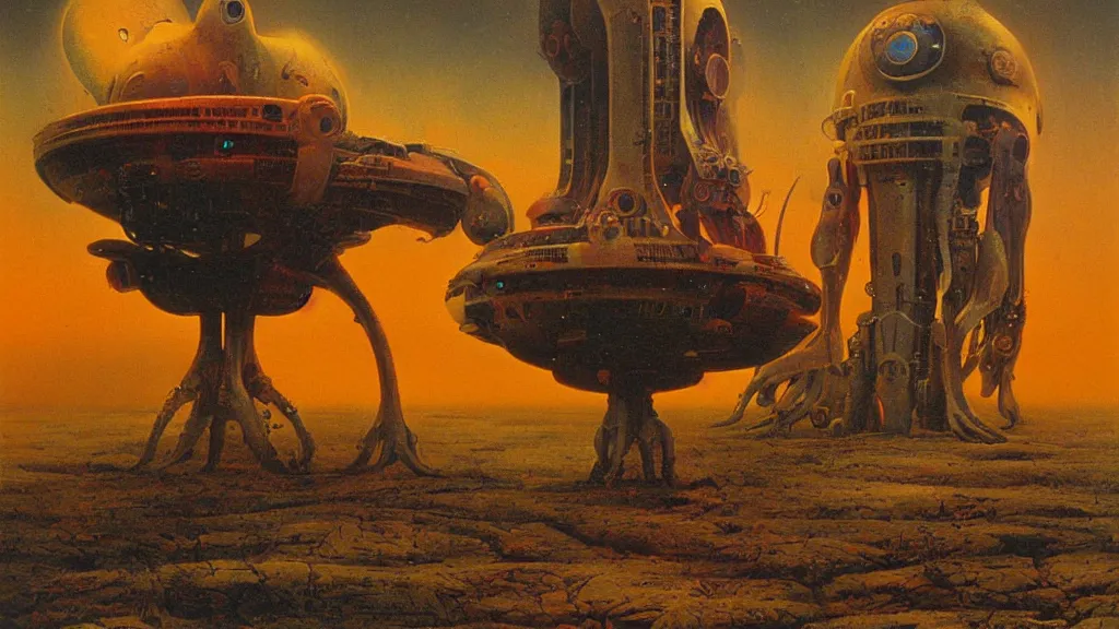 Image similar to mysterious whimsical sculpture of alien technology by paul lehr and john schoenherr and john harris, cinematic matte painting