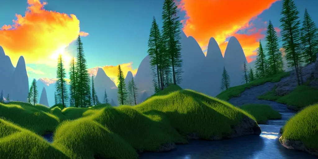 Prompt: a beautiful 3 d fantasy landscape art, orange clouds in the blue sky and green trees, snowy mountains, 3 d art, unreal engine 5, hyper realism