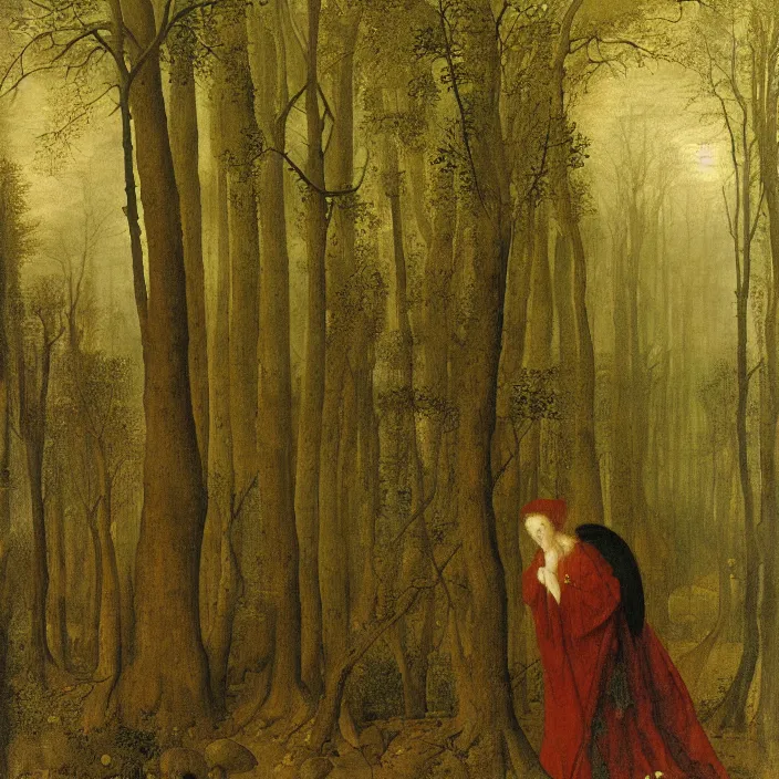Image similar to a harpy in a foggy forest, by Jan van Eyck