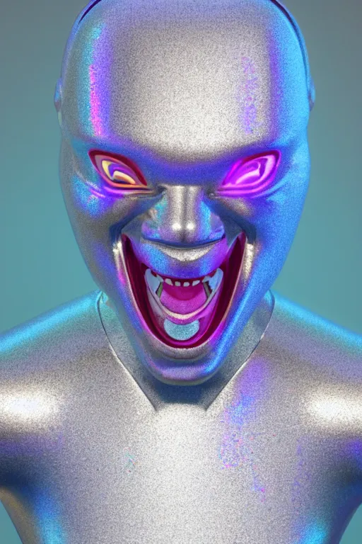 Image similar to 3d render of holographic angry human robotic screaming angry bust made of glossy iridescent, screaming, bust, surrealistic 3d illustration of a human non-binary, non binary model, 3d model human, cryengine, made of holographic texture, holographic material, holographic rainbow, concept of cyborg and artificial intelligence