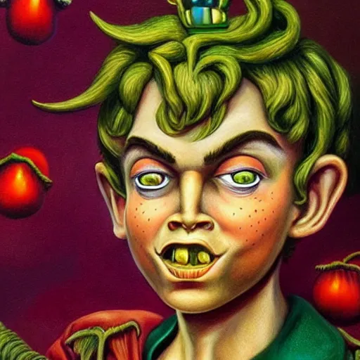 Prompt: beautiful lifelike painting of peter pan pinocchio dionysus, hyperreal detailed facial features and uv lighting, art by ed roth and basil wolverton