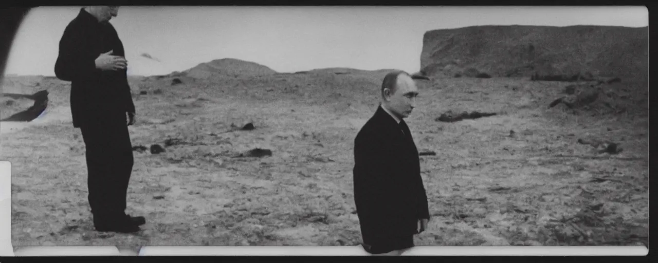 Image similar to Vladimir putin looking at an atomic bomb. polaroid. bleak.