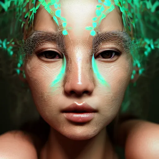 Image similar to intricate highly detailed face portrait of asian - european woman, light mint transparent water vines on her face, intricate, cgsociety, unreal engine, octane render, sharp focus, smooth, volumetric lighting, cinematic composition, artstation c 1 0. 0