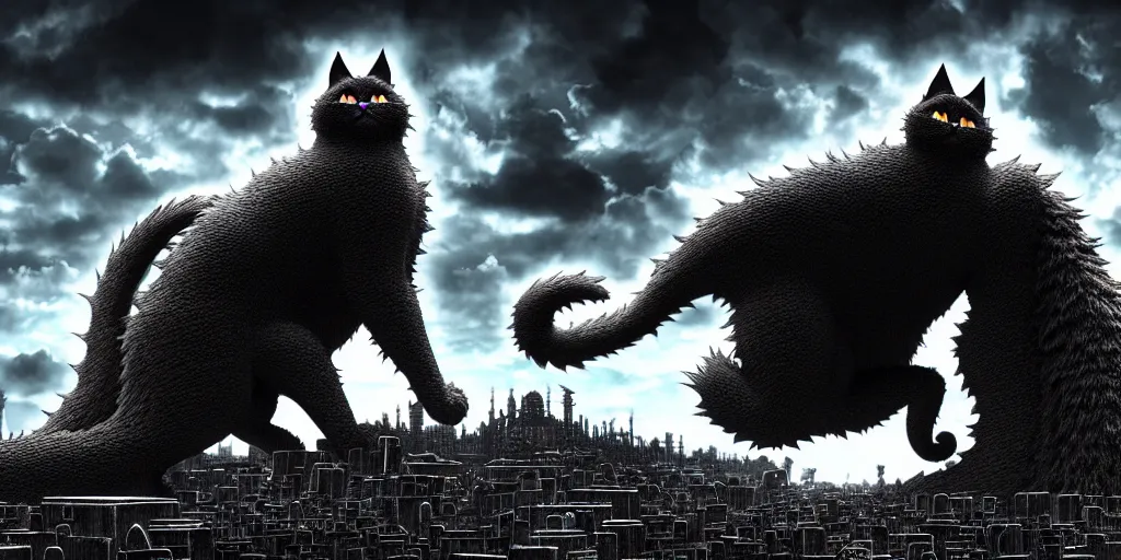 Prompt: Huge evil cat figure above a city, in the style of Kentaro Miura, Berserk, landscape, hyperdetailed, ultra quality, 4k, ultra details