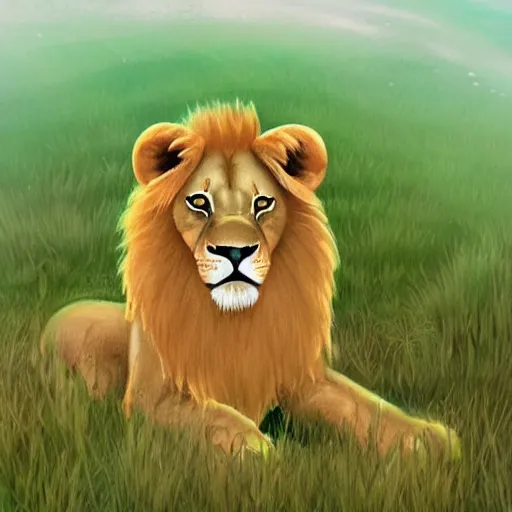 Prompt: drawing for children of a lion cute in a meadow, concept art, smooth, sharp focus, illustration, ArtStation