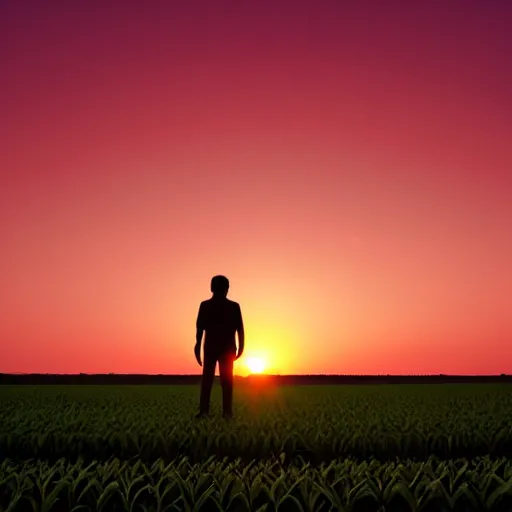 Image similar to view of the horizon of a japanese crop field, sun setting, sky is a deep red gradient, hazy vignette, silhouette of a man walking down the middle of the field towards viewer