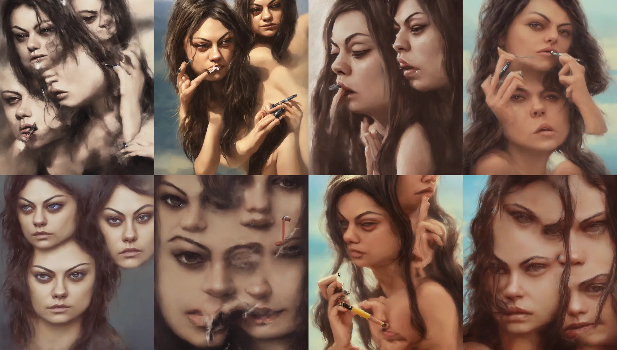 Image similar to winking mila kunis smoking a cigarette closeup portrait, dramatic light, lake background, 2 0 0 mm focal length, 1 9 7 0 s, painted by stanley lau, painted by greg rutkowski, painted by stanley artgerm, digital art, trending on artstation