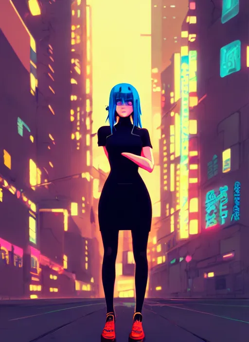 Image similar to digital illustration of cyberpunk pretty girl with blue hair, wearing a tight black dress, full body pose, in city street at night, by makoto shinkai, ilya kuvshinov, lois van baarle, rossdraws, basquiat