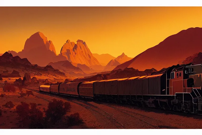 Image similar to idyllic old western freight train illustration by syd mead, artstation, 4 k, graphic novel, concept art, matte painting, steam engine spewing billowy white clouds of steam, beautiful mountain desert sunset background, golden hour