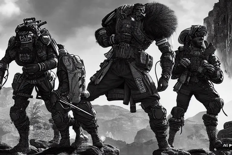 Prompt: gigachad in apex legends, ingame screenshot, black and white, high detail