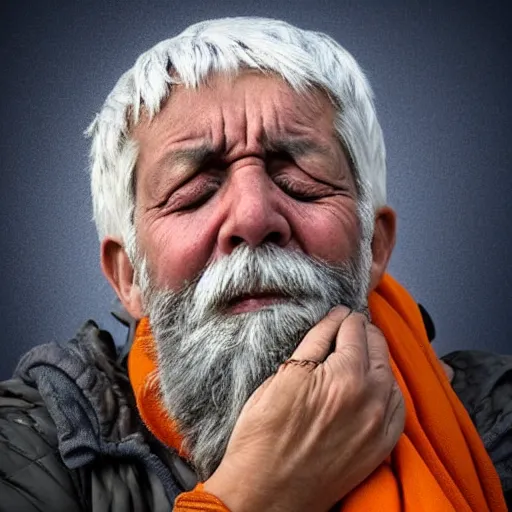 Image similar to biblical God , white grey hair , orange scarf , old man from the sky, is crying in tears and is very sad and sorrow , after creating humans
