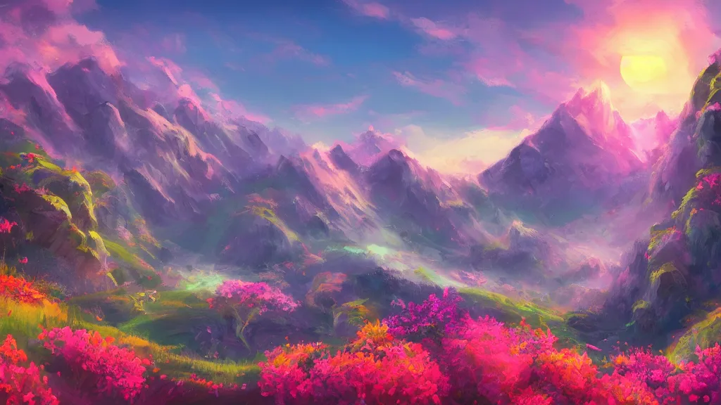 Image similar to a flowery unreal mountain scenery, sunset, cartoon, cute, artstation, digital art.