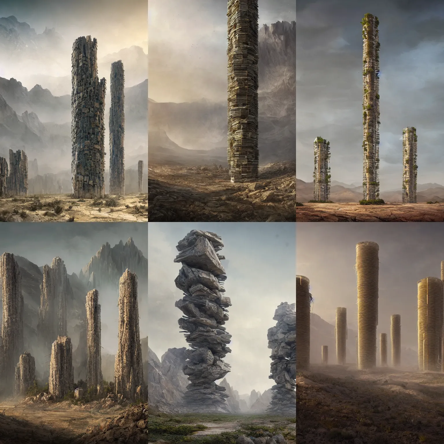 Prompt: tall eco living towers in a barren, rocky desert, rocky mountains in background, dust swirling, diffuse lighting, strong imagery, highly detailed, by Greg Rutkowski, illustration, highly detailed water colour 8k, cinematic lighting, HD, high detail, atmospheric, trending on artstation