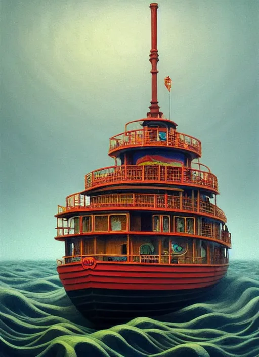 Image similar to hyper detailed 3d render like a Oil painting - the steamboat by Jacek Yerka, Mariusz Lewandowski, Houdini algorithmic generative render, Abstract brush strokes, Masterpiece, Edward Hopper and James Gilleard, Zdzislaw Beksinski, Mark Ryden, Wolfgang Lettl, hints of Yayoi Kasuma, octane render, 8k