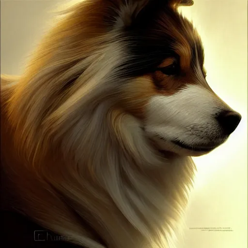 Image similar to a shetland sheepdog, elegant, highly detailed, digital painting, concept art, smooth, sharp focus, illustration, art by artgerm and greg rutkowski and alphonse mucha,artstation,deviantart,FAN ART,Unreal Engine,face enhance,8K,golden ratio,cinematic lighting H 704