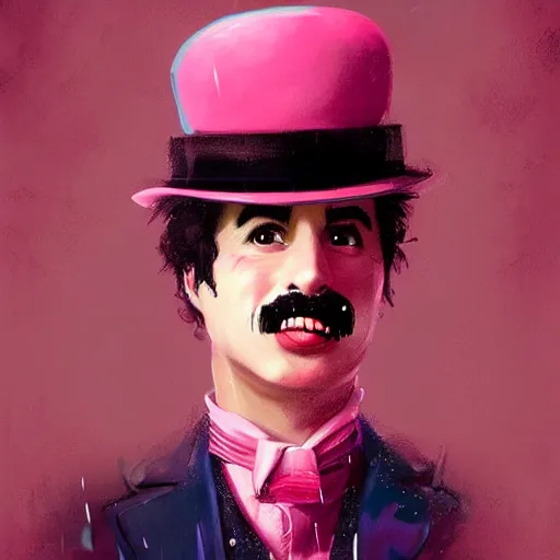 Prompt: a portrait of charlie chaplin, rainy background, pink bright art masterpiece artstation. 8 k, sharp high quality artwork in style of jose daniel cabrera pena and greg rutkowski, concept art by tooth wu, hearthstone card game artwork.