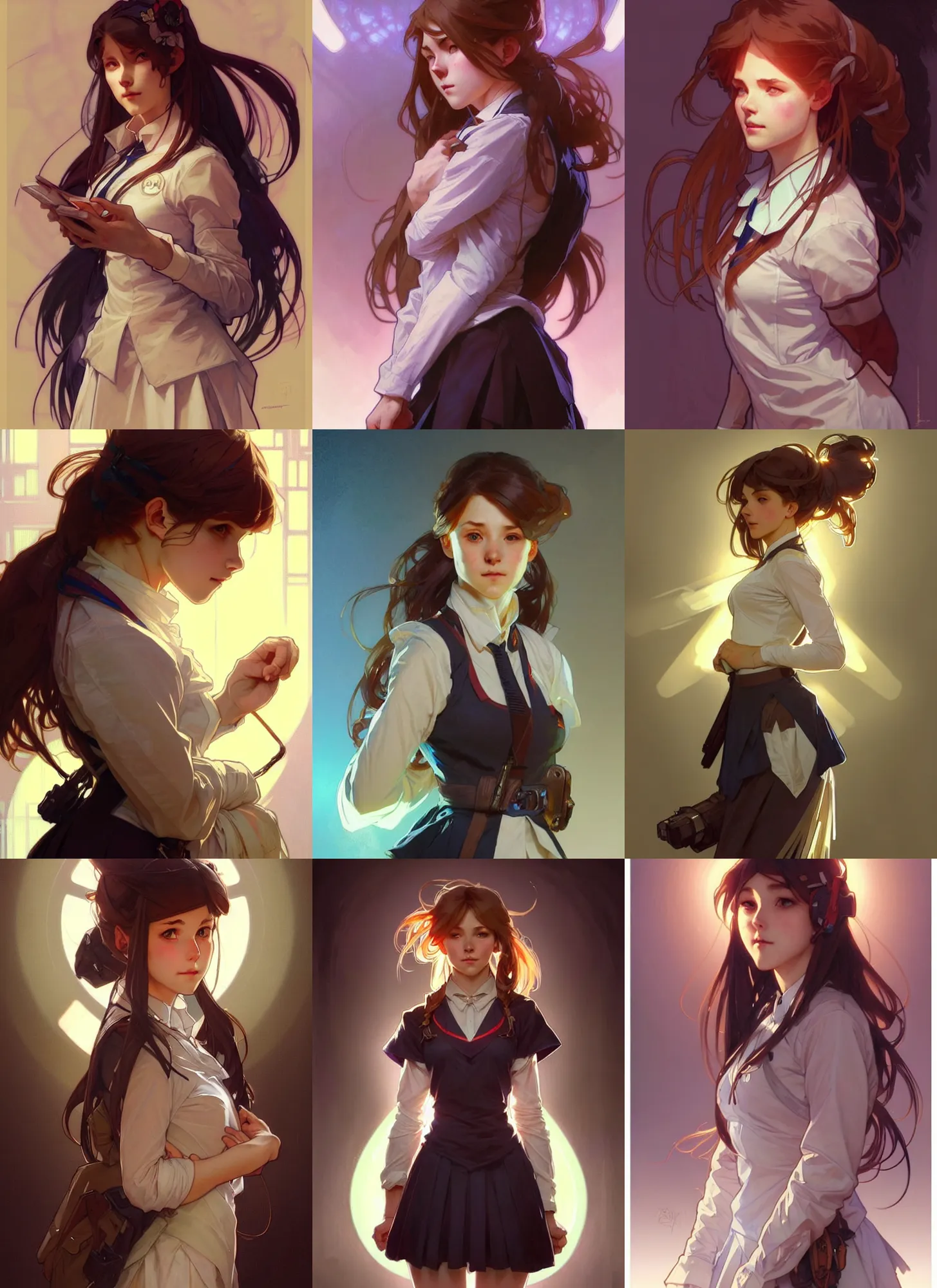 Prompt: a digital concept art by artgerm and greg rutkowski and alphonse mucha. clear portrait of a squatting attractive school girl in uniform!!, light effect. hyper detailed, character concept, glowing lights!! intricate, elegant, digital painting, artstation, smooth, sharp focus