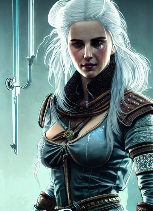Prompt: portrait of Ciri from the Witcher as a character in Cyberpunk 2077, looking at camera, intricate, elegant, sci-fi, extremely detailed, digital painting, artstation, concept art, smooth, sharp focus, illustration, ambient lighting, incredible art by artgerm and greg rutkowski and alphonse mucha and simon stalenhag